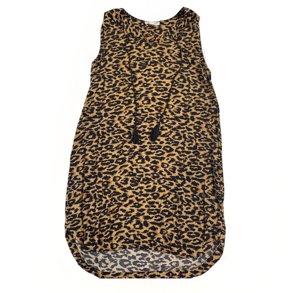 Beachlunchlounge Leopard Print Dress Womens S Tan Sleeveless‎ Tassel Boho Shift